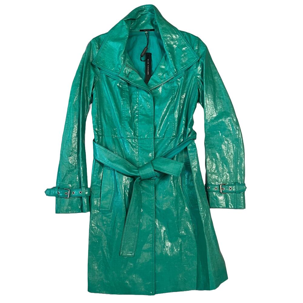 NWT Elie Tahari Green Belted Trench Raincoat XS Waterproof Hooded Linen